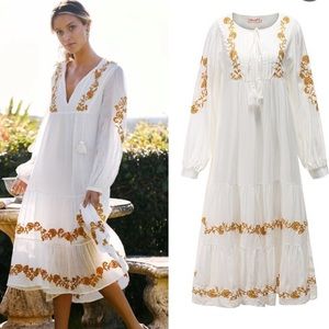 Anthropologie Mo Huan Yi Chu V-Neck Embroidered Boho MIDI Dress Size Large